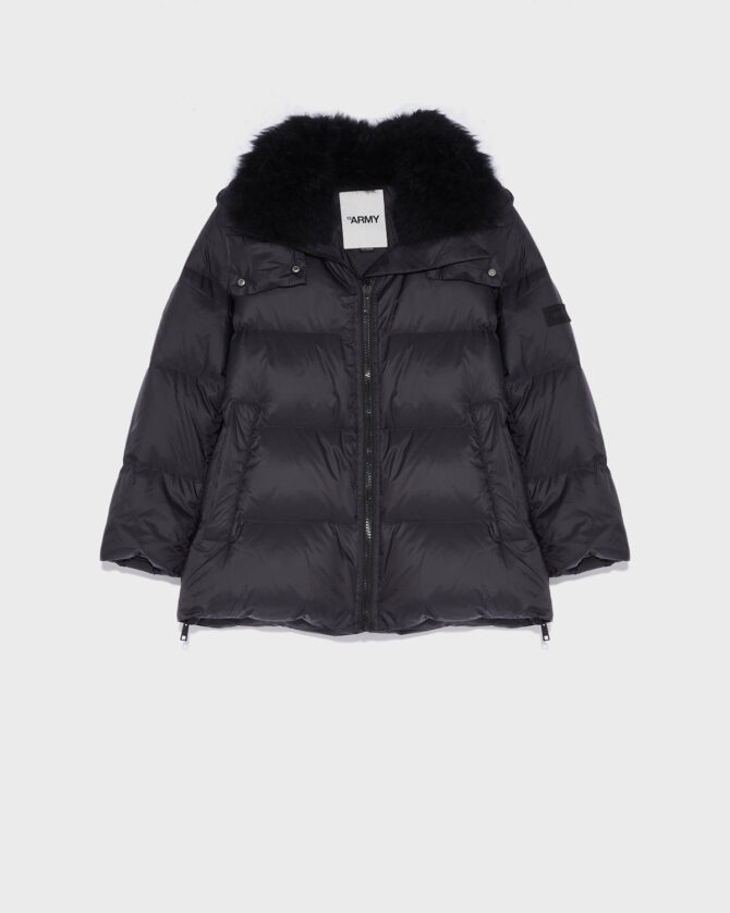 "A" line down jacket in water-repellent technical fabric with fluffy lambswool collar