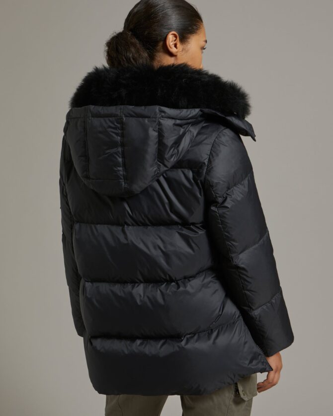 "A" line down jacket in water-repellent technical fabric with fluffy lambswool collar