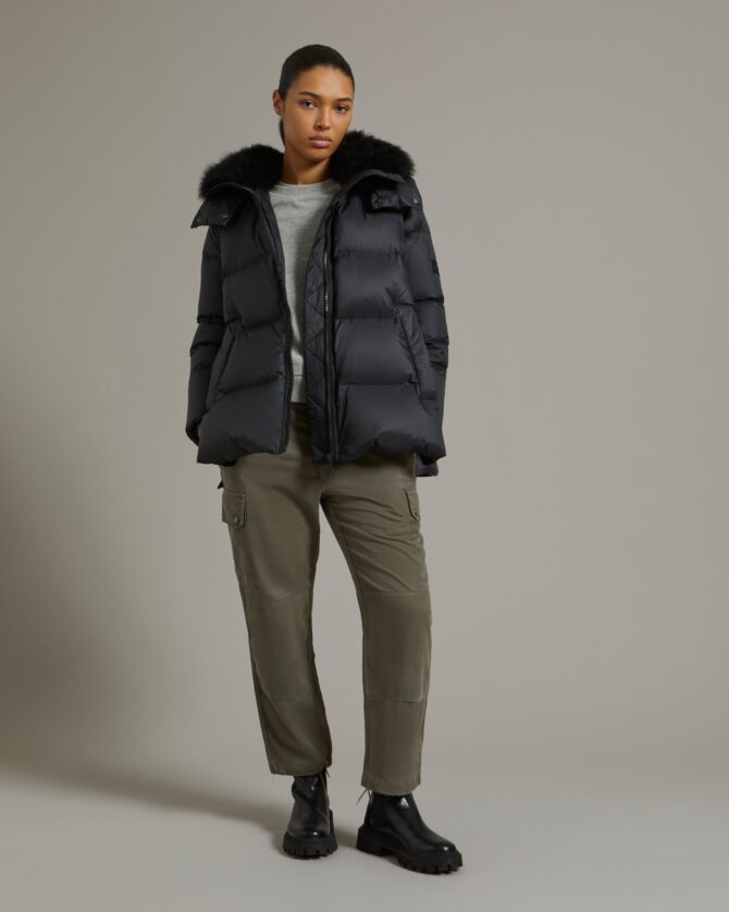 "A" line down jacket in water-repellent technical fabric with fluffy lambswool collar