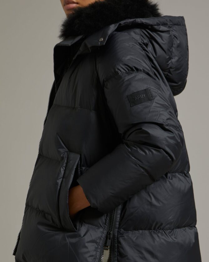 "A" line down jacket in water-repellent technical fabric with fluffy lambswool collar